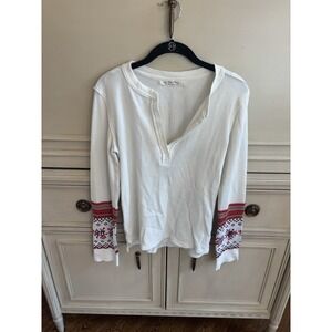 We The Free White Large Vneck Waffle Knit Long Sleeve Design Cotton